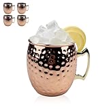 VELLUSTRA Moscow Mule Tazas, 4 piezas, 4 Tazas de Cobre Martillado(7.9cm*10cm) 550ml y 4 Pajitas Cobre (20cm), Acero Inoxidable Bañadas en Cobre Para Bebidas Frías, Vino, Bar y Fiesta