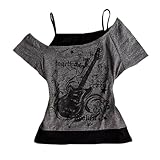 Emo Grunge Camisas para mujer, camisetas de bebé con gráficos falsos, de dos piezas, manga corta, vintage, Y2k, ropa gótica Alt, Gris Negro, M