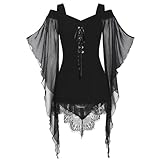 Encaje Mujer Tamaño Manga Camiseta Gótica Tops Plus Blusa para Mujer Tops Sin Tirantes con De Encaje Gótico Tops con Tirantes con Irregulares Guanteletes Medievales (Black, S)