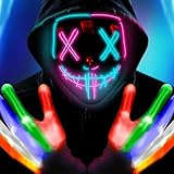AOUVT Máscara de Calavera y Guantes LED, Máscaras de Neón para Hombres, Mujeres, Niños y Adultos, Disfraz Perfecto de Halloween