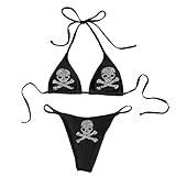 Bikini de 2 piezas para mujer, diseño de calavera, tanga, triángulo, traje de baño, festival, rave, brasier con diamantes de imitación, Set negro, M