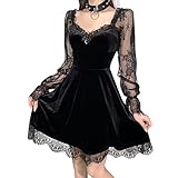 Odizli Vestido gótico para mujer, negro, sexy, de terciopelo, manga larga, encaje, vestido de fiesta, para mujer, Lolita, punk, línea A, mini vestido, Negro , M