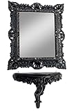 Espejo de pared con estante, color negro, estilo barroco, 45 x 37 cm, espejo decorativo para cuarto de baño con consola, estilo rococó, espejo negro con consola gótico 3047 + 3084