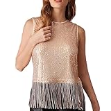 Generisch Camiseta de tirantes con flecos de lentejuelas para mujer, diseño de calavera, dorado, XL