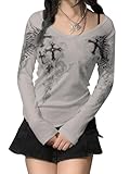 YILEEGOO Camiseta de manga larga Y2K para mujer, estilo gótico, con estampado de alas de cruz, cuello en V, básica, vintage, hada, grunge, ropa de calle, Z1 Gris, L