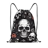 KKKKKOUU Mochila portátil impermeable con estampado de calavera floral negra con cordón para viajes, gimnasio, compras, deportes, tamaño mediano, Negro, M