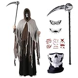 Tutukyle Parca Halloween Hombre Adulto- Muerte Disfraz Capa con Capucha Calavera Máscara Terror Guadaña Tatuajes, Grim Reaper Fantasma, Espeluznante Segador Disfraces Cosplay