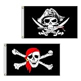 Bandera de pirata, 2 unidades, 3 x 5 pies, con diseño de calavera de Roger Jolly Roger, pecho de hombre muerto, huesos cruzados, esqueleto de poliéster, doble costura para fiestas de piratas