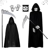 FYZSJWL Disfraz de Parca de Halloween,Conjunto de Disfraces de Reaper,con máscara de calavera,guadaña,guantes de esqueleto,capa,Disfraz de la Parca Unisex,para Halloween, Carnaval y Cosplay