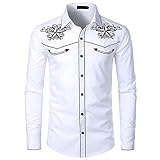NW Camisa de vaquero occidental para hombre con estilo bordado slim fit casual manga larga camisas para hombre de boda fiesta camisa, Blanco-01, S