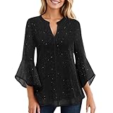 Camiseta de mujer con estampado de carnaval liso, malla brillante, cintura irregular, cuello en V, manga 3/4, parte superior casual con purpurina, Negro , XXL