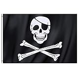 Pancarta Colgante Decoración Fiestas Temáticas Nave Fantasma Bandera Grande Negra Pirata Calavera y Huesos 90 x 150 cm con Anillos de TRIXES
