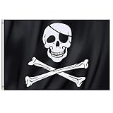 TRIXES Bandera Pirata Negra Grande Jolly Roger Calavera y Huesos 90x150 cm con Anillos Banner Colgante Fiesta Temática Decoración de Barco Fantasma