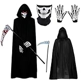 Disfraz de la Muerte Adultos,Capa Negra con Capucha Guadaña Guadaña Máscara Calavera Guantes Esqueleto Disfraz Halloween Pareja Adultos Hombre Mujer