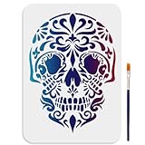 MAYJOYDIY Plantilla de calavera de mandala de 29,7 x 21 cm, plantillas grandes de esqueleto aterrador, plantilla de dibujo de calavera floral reutilizable con pincel de pintura para arte,