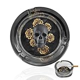 Cenicero redondo portátil de cristal transparente con diseño de calavera negra con rosas doradas, para interiores y exteriores, hogar, oficina, patio, balcón, decoración de mesa