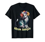 Gato Calavera de azúcar con Flores de Halloween Camiseta