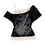 Camisetas para mujer Emo Grunge – Vintage Y2K Fake 2 piezas Guitarra Gráfica Bebé Tee Gótico Estética Manga Corta Hombro Descubierto Crop Top Alt Streetwear Punk Verano Harajuku, Negro, M