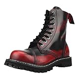 ANGRY ITCH - Botas de piel con puntera de acero, 8 agujeros, color rojo burdeos, estilo gótico, punk, ejército, Ranger, talla 40, Negro , 40 EU