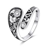 DAYLINLOVE Anillo gótico de plata de ley 925 con forma de calavera, ajustable, diseño de calavera, regalo para mujeres, amantes de las calaveras de Halloween, Plata de ley, Sin piedras preciosas