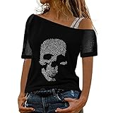 Chaconka T-Shirts - Camiseta para mujer, elegante, diseño de calavera, hombros descubiertos, sexy, transparente, manga corta con lentejuelas, talla grande, Negro , S