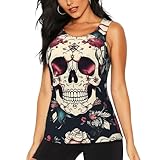 Camiseta sin mangas con estampado de calavera y flores, para entrenamiento, para mujer, cuello redondo, atlética, para gimnasio, yoga, Negro -, M