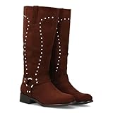 95958 Bota Cowboy con Cana Alta y Tachuelas para Mujer. Tacon Medio y Comodo. Estilo campero, Estampado Liso, Cierre de Cremallera Ideal para Otono Invierno. Marron Talla 39