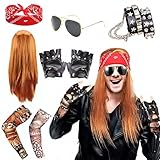 BIQIQI Disfraces de Rock Kit de Rockero 70 80 90 Costumes Disfraz Rockero Metal Pesado Disfraces de Rock con Peluca Guantes Gafas de sol, Pañuelos,Pulsera,Mangas