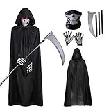 GUOYOU 4 Piezas Disfraz Halloween Hombre Adulto Disfraz de Halloween Fantasma con máscara de Calavera Guantes Guadaña Largo Capa con Capucha para Halloweens Fiesta Carnival Costume Cosplay (niño)