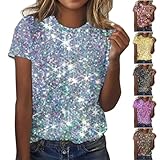Camiseta con lentejuelas para mujer, camiseta extragrande, muy grande, deporte, mujer, cuello redondo, verano, manga corta, talla grande, gráfico, tops casuales, dorado, S