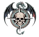 Pegatina Dragón y Calavera – Sticker Vinilo Gótico Troquelado | Adhesivo Rosa de los Vientos Fantasía Oscura | Impermeable y Resistente al Exterior | Decoración Casco, Moto, Coche, Portátil | 12x12 cm