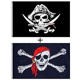 GAKA FAVOR Bandera Pirata, Bandera de Calavera 2 Piezas, Cruz Cuchillo de Jolly Roger,Cross Knife, para Fiesta Pirata, Regalo de Cumpleaños, Decoración de Halloween, 90 x 150 Cm