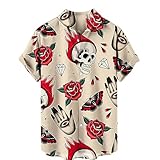 kewing Camisa Holgada Hawaiana para Hombre, Camisa de Manga Corta con Estampado de Calavera, Blusa Informal con Botones Regulares de Verano, Camiseta de Estilo Playero para Adolescentes, L