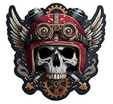 Pegatina moto vinilo – Calavera biker con casco retro y alas – Adhesivo decorativo coche, casco o portátil – Sticker motero resistente agua (12 X 11,5 CM)