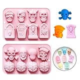 CUVZORA 2 moldes de silicona para Halloween, diseño de calaveras, moldes de chocolate, pasteles y horneados, para fiestas de Halloween, actividades familiares, proyectos de bricolaje (rosa)