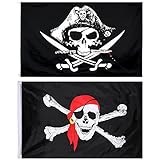 Bandera Pirata, Bandera de Calavera 2 Piezas, Bandera de Jolly Roger, Banderas Piratas de Poliéster, para Fiesta Pirata, Regalo de Cumpleaños, Decoración de Halloween, 3 x 5 Ft