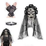 WZBBJuser Máscara de Velo Del Día de Los Muertos, Diadema Mexicana Día de Los Muertos, Contiene Máscara De Novia Fantasma Con Velo, Collar Del Día de Guantes Del Día de Los, para Halloween (Rojo)