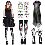 Augesak Diadema Catrina con Velo, Diadema Dia De Los Muertos, Muslo Alto Esqueleto Calcetines, Guantes Esqueleto, Tatuajes Temporales Halloween, Día los Muertos Accesorios para Mujere