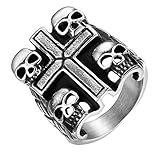 JewelryWe - Anillo de acero inoxidable para mujer, diseño gótico con calaveras y cruz, acero, Sin piedras preciosas