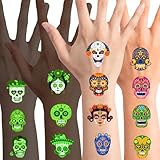 Qpout 96pcs Día de los Muertos Brillo De La Calavera De Azúcar En Tatuajes Temporales Oscuros Para Niños,Halloween Mexicano Luminoso Día De Los Muertos Impermeable Falsos Esqueleto Skull Tatuajes