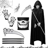 SUFANG Disfraz de Parca Disfraz de Grim Reaper con Sombrero Guantes Hoz Máscara de Calavera Disfraz de Muerte Conjunto de Disfraces de Reaper de Halloween para Fiesta Carnival Costume Cosplay