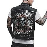 ORANDESIGNE Chaleco de Mezclilla de Hombre Chaqueta Sin Mangas Chaleco con Estampado de Calavera Punk Chaleco Vaquero Lavado Chaqueta Corta de Moto A Negro 3XL