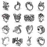 Kakonia Juego de anillos abiertos góticos de 16 uds para hombres y mujeres, anillos de animales con garra de dragón y serpiente ajustables Punk, anillos de calavera gótica Vintage, Negro Estilo-B