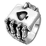 JewelryWe - Anillo de Acero Inoxidable para Hombre, naipe gótico con Forma de Calavera, naipe de póker, Plata Negra (con Bolsa de Regalo)