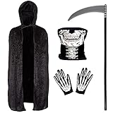 REDSTAR FANCY DRESS Disfraz de Muerte para Adulto - Traje de Esqueleto de 4 Piezas: Máscara y Guantes de Esqueleto, Capa Negra de Terciopelo y Guadaña - Disfraz de la Parca para Halloween para Hombre