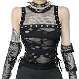 SEAUR Camisetas góticas para mujer, estilo punk, estilo Y2K, cuello alto, blusa gótica negra, camisola de verano, camiseta de retazos, camisola de encaje, talla S, M, L, Red negra, M