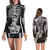 NEWUPZSI Disfraz de Halloween para Mujer, Vestido de Esqueleto, Body de Calavera, Bodycon de Hueso, Manga Larga, Cosplay, Traje de Terror