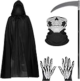Disfraces Disfraz de Halloween,Disfraz de Parca,Capa de Terciopelo con Capucha,Capa con Capucha 150cm,Máscara de Calavera, Guantes Fantasma,Guadaña de la muerte,Disfraz de Halloween de la Parca Oscura