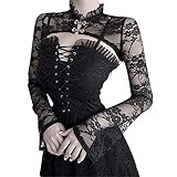 Generisch Camisa Negra Manga Elegante Encaje Hueco Largo Sexy Mujer Retro Top Gótico Blusa Mujer Hombro Top Mujer, Negro , M