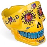 MIJOMA Cenicero de calavera de azúcar – Cenicero decorativo en estilo mexicano Calaveras, poliresina pintado a mano, recuerdo decorativo para fumadores (amarillo)
